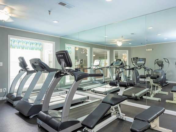 A gym with treadmills and other exercise equipment.