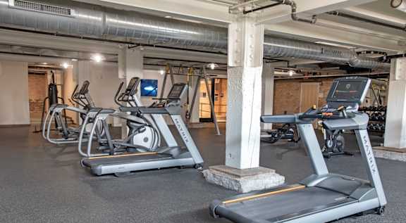 A gym with treadmills and elliptical machines.