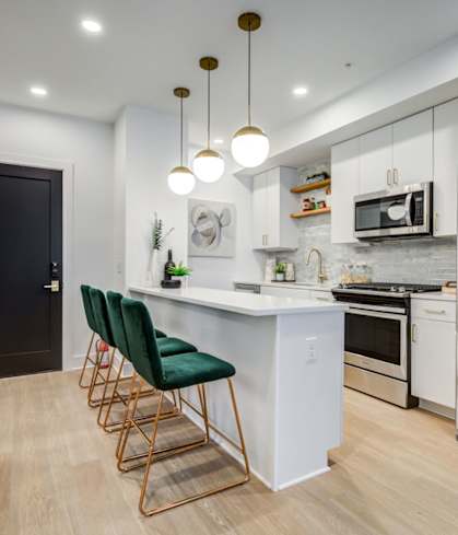 a kitchen with stainless steel appliances and a white counter top at Rialto, District of Columbia, 20002