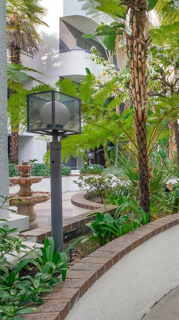 A garden with a curved path and a lamp post. at Midvale Court Apartments Westwood, Los Angeles