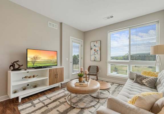 A living room with a television, a couch, and a coffee table.