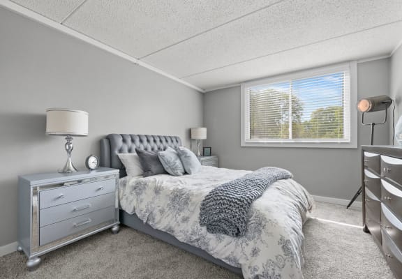 Renovated Bedroom with window view at Woodland Ridge, Illinois