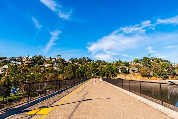 A pedestrian bridge with two people walking on it and a residential area in the background.