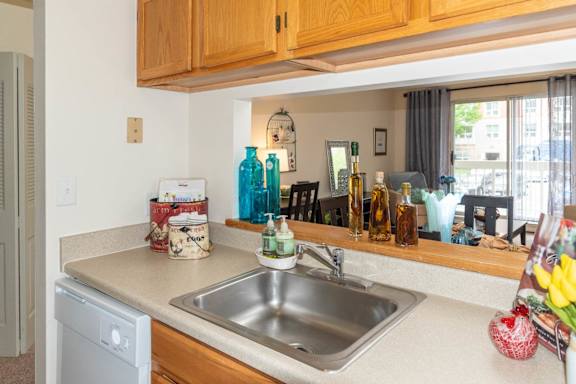 A kitchen with a white dishwasher and a silver sink.