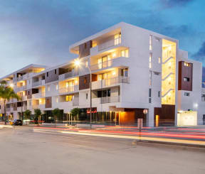 a rendering of an apartment building on a city street at The Lucky Apartments, Culver City