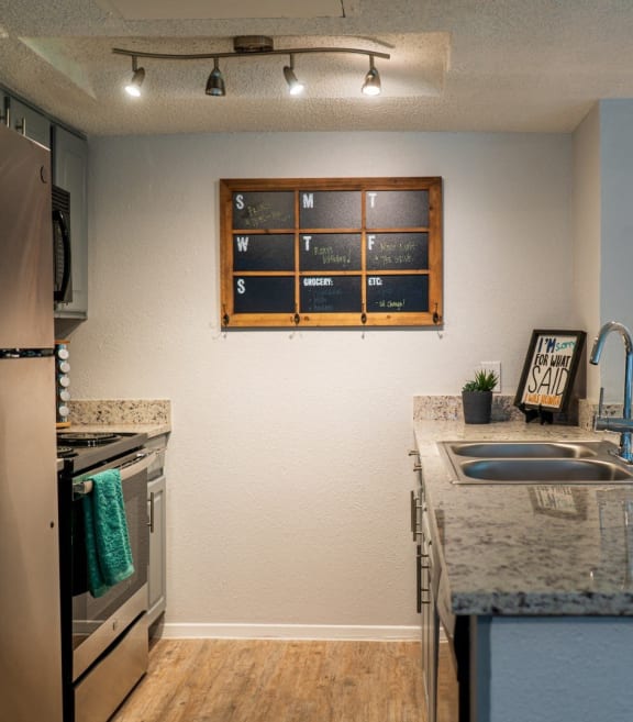 a kitchen with stainless steel appliances and a granite counter top