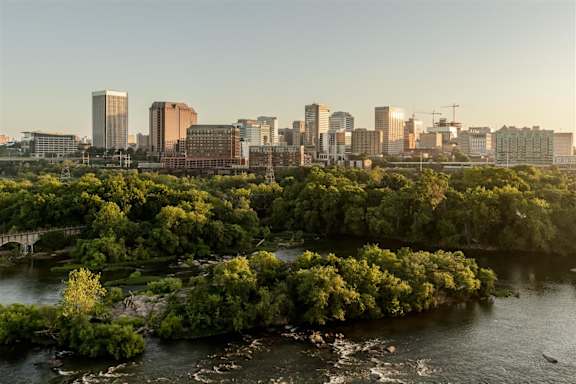 a view of a city and a river with trees at South Falls Tower, Richmond, VA, 23224