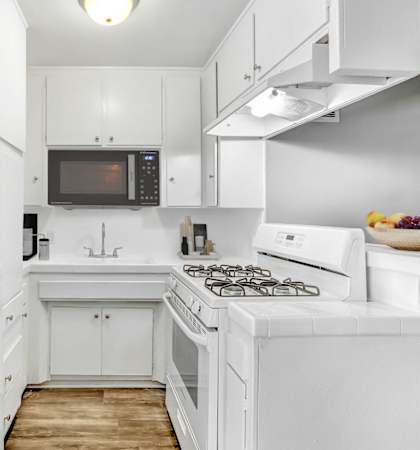 a white kitchen with a stove and a refrigerator