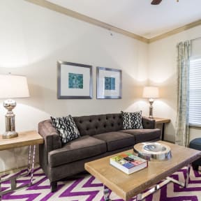 a living room filled with furniture and a purple rug