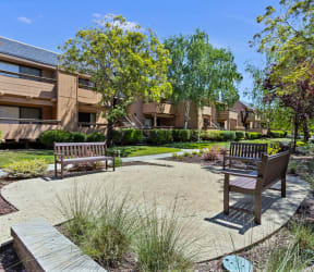 two benches sit in a courtyard with trees and buildings in the background
