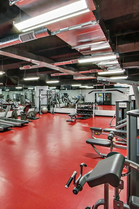 a gym with a lot of exercise equipment on the floor