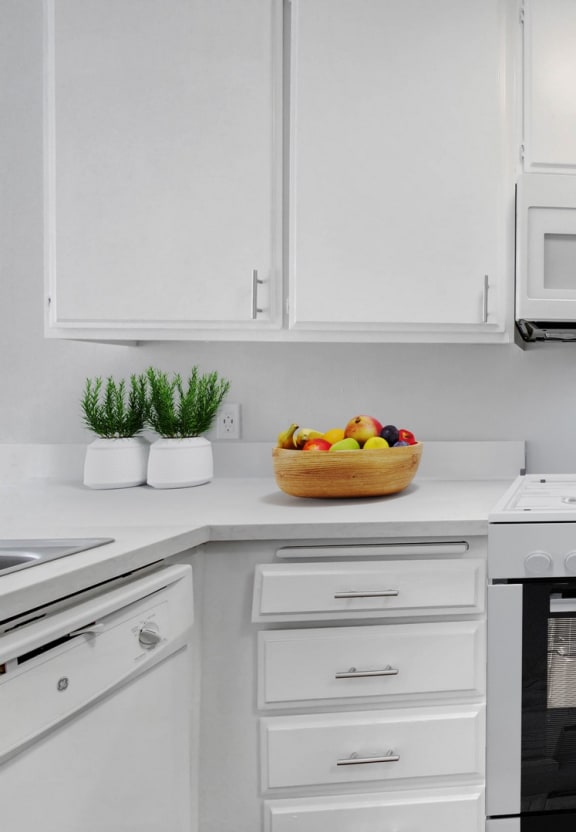 a white kitchen with an oven and a refrigerator