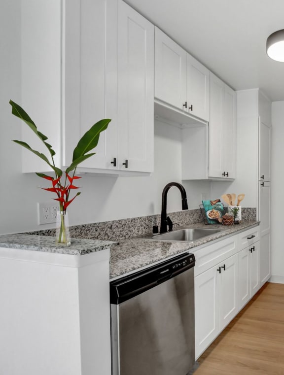 a kitchen with white cabinetry and granite countertops