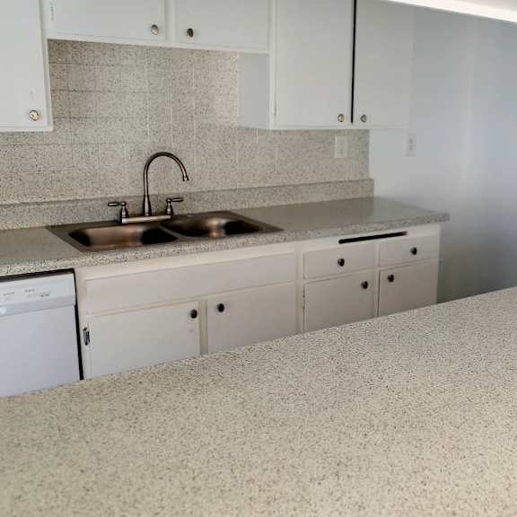 A kitchen with a sink and a counter.
