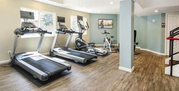 a gym with treadmills and other exercise equipment