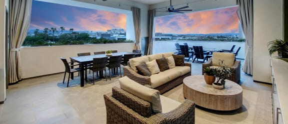a living room with a couch and a table