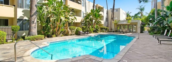 a large swimming pool in front of a hotel with palm trees