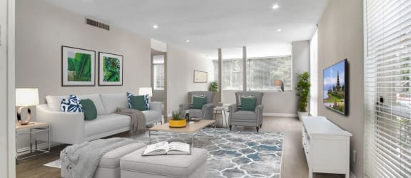 a living room with grey walls and a white ceiling