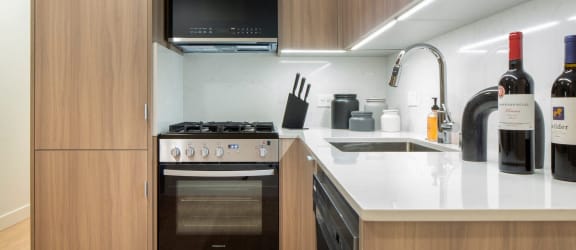 a kitchen with a stove and a sink