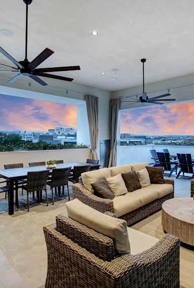 a living room with a couch and a table