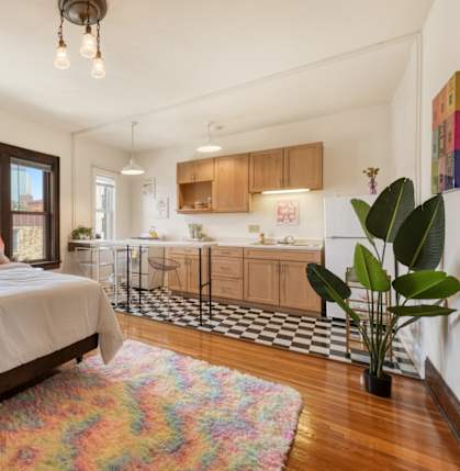 A bedroom with a bed, a rug, and a potted plant.