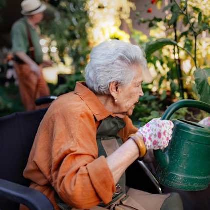 An elderly woman is watering plants in a garden.
