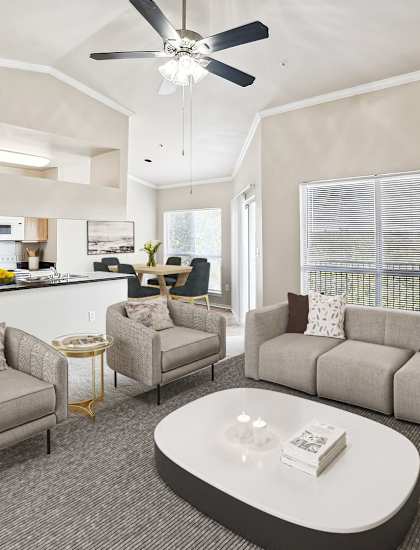 Living Room with Ceiling Fan at Madison at the Arboretum, Texas