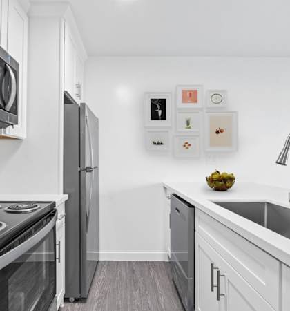 a kitchen with white cabinets and stainless steel appliances and a sink