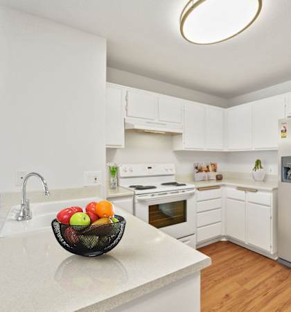 a kitchen with white cabinets and a bowl of fruit on the counter