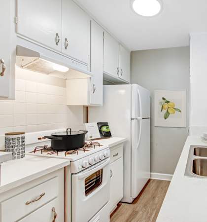 A white kitchen with a stove, sink, and refrigerator.