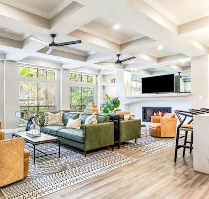 a living room with a couch and chairs and a fireplace at Hidden Palms Apartment Homes, Tampa, FL, 33613