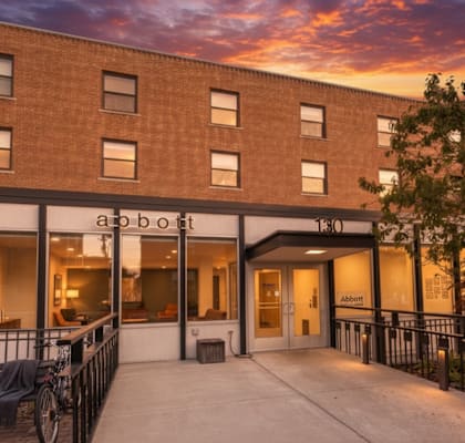 A building with the name "Abbott" on it.