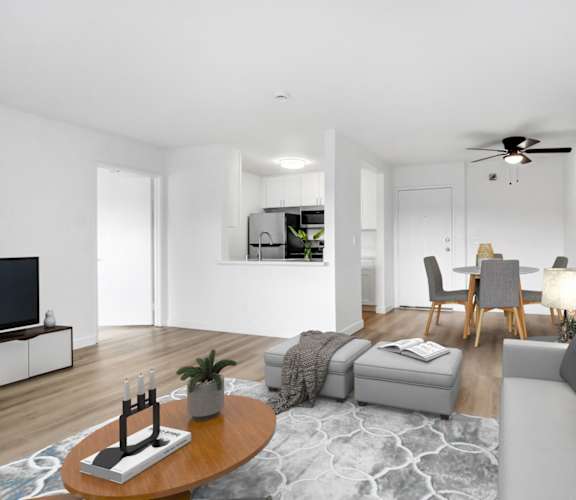 A modern living room with a grey sofa, wooden coffee table, and a television.