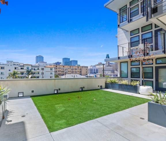 a backyard with a lawn and a view of the city