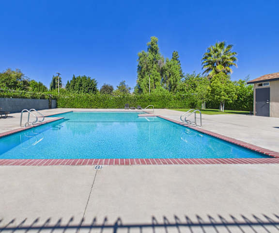 A large outdoor swimming pool with a red and white border.