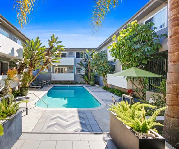 the pool is surrounded by palm trees and a pool house