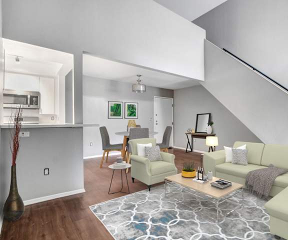 A living room with a white couch and a grey rug.