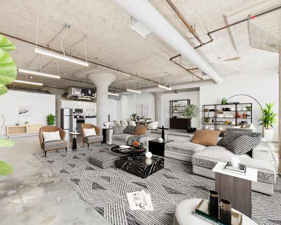 A modern living room with a grey carpet and white furniture.