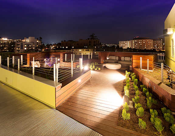 a view of the roof deck at night