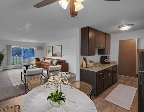 our apartments showcase a beautiful kitchen and living room