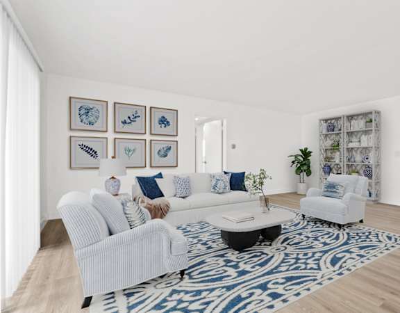 a living room with blue and white furniture and a rug