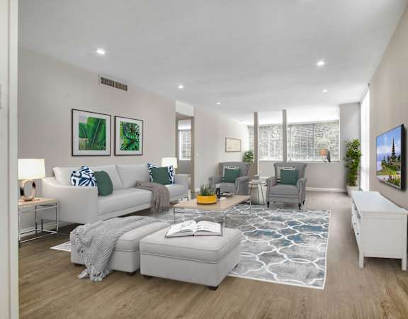 a living room with grey walls and a white ceiling