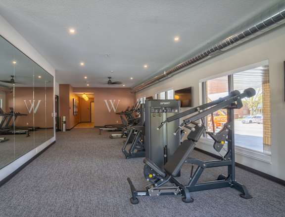 A gym with a mirror on the wall and a row of treadmills.