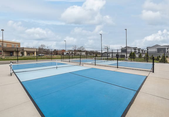 A blue tennis court with a white line in the middle.