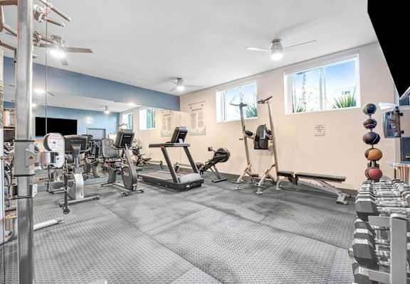 A gym with a variety of equipment including treadmills, weights, and exercise machines.