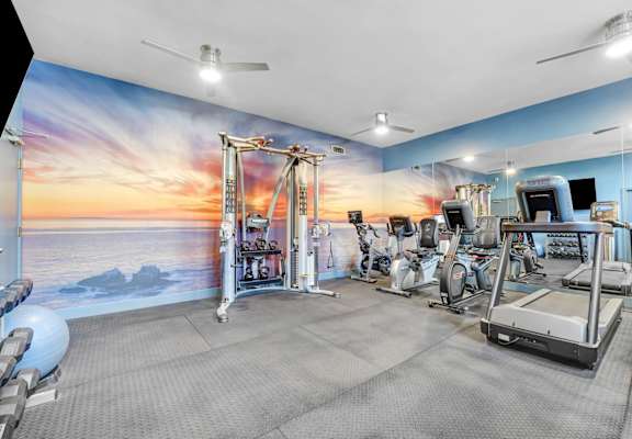A gym with a sunset mural on the wall.