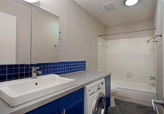 a bathroom with a sink and a washing machine