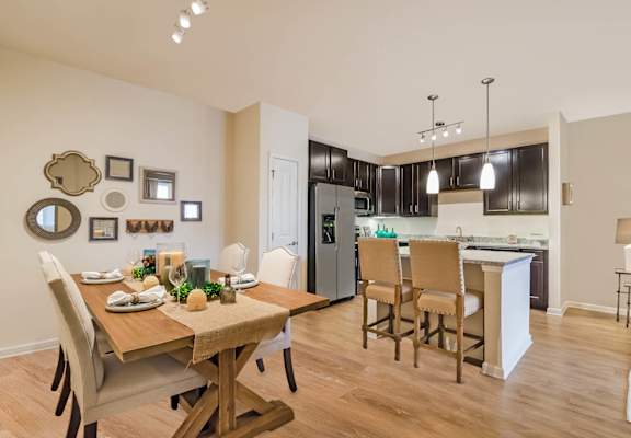 Dining room and kitchen view at Alexander Village Clubhouse luxury apartments