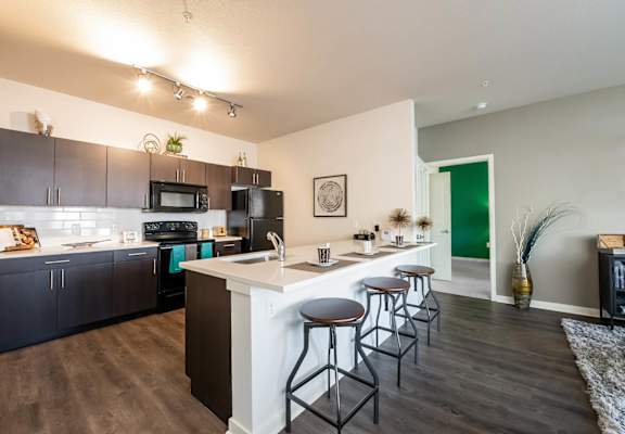 kitchen view inside Carrick Bend's luxury apartments