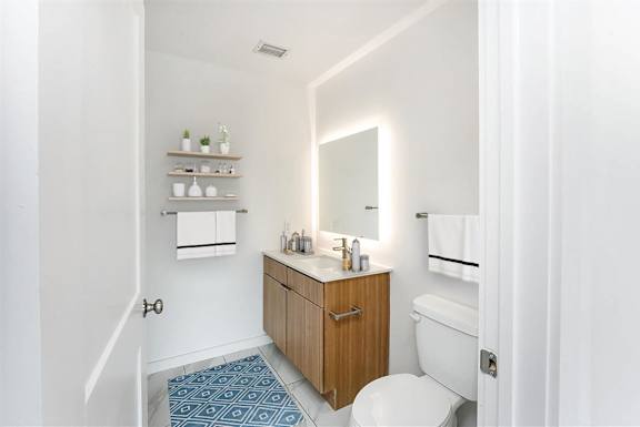 a bathroom with a toilet and a sink and a mirror at South Falls Tower, Richmond, VA, 23224